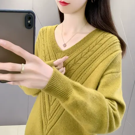 春秋新款勾花纯色短款毛衣时尚洋气外穿打底上衣女士气质显瘦毛衣商品大图