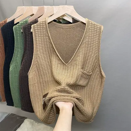 2024秋V领针织马甲女无袖开衫外搭背心叠穿无袖毛衣坎肩马夹外套商品大图