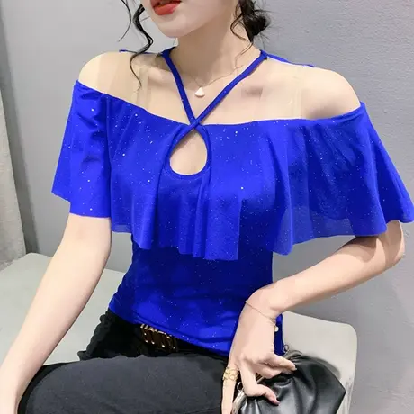 一字领短袖女装2024新款性感镂空网纱T恤洋气荷叶边上衣紧身小衫商品大图