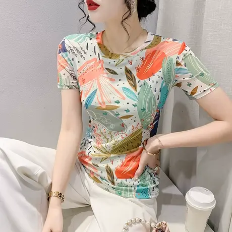 网纱T恤女短袖2024夏季新款时尚圆领印花小衫别致个性修身上衣ins商品大图