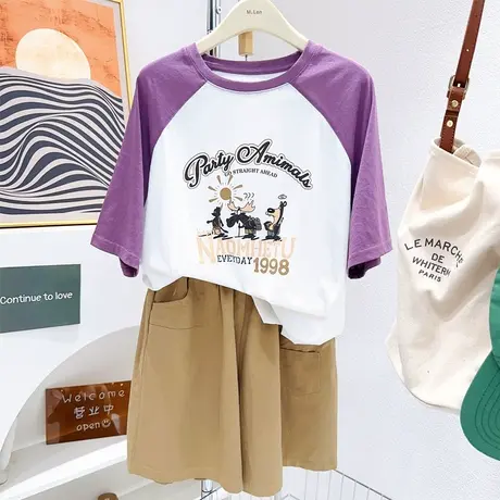 韩代同款雪花棉T恤女2023夏季复古印花拼色薄款短袖上衣微胖遮肉图片