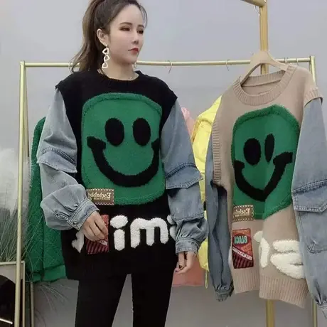 提花拼接牛仔袖加厚毛衣女笑脸针织衫宽松韩版胖mm上衣小众设计感图片