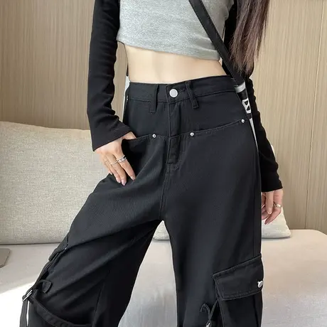 美式复古工装裤女秋季高腰宽松显瘦大口袋设计高腰直筒阔腿牛仔裤图片