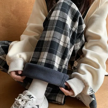 毛呢裤子秋冬季宽松bf慵懒风休闲阔腿裤2023新款黑白格子裤厚加绒图片