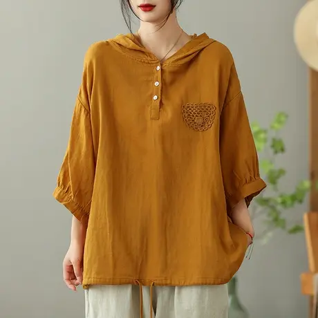 dza纯棉连帽短袖T恤女2023夏季薄款打底体恤宽松显瘦外搭套头上衣商品大图