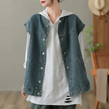 dza 复古工字牛仔马甲女士春秋外搭开衫背心休闲宽松显瘦马夹上衣图片