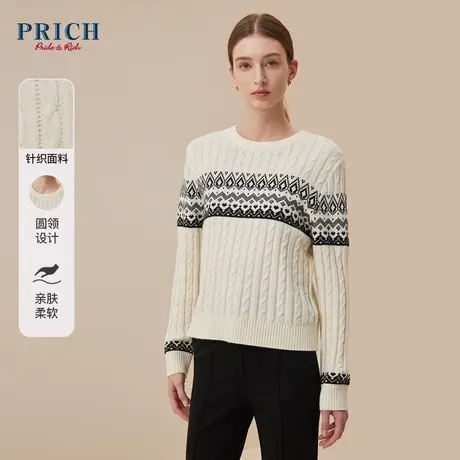 【绵羊毛】PRICH冬新款黑白撞色复古罗纹圆领修身套头针织衫女商品大图