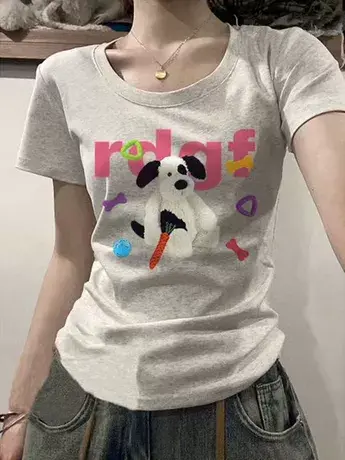 夏季2024年新款修身显瘦印花短袖T恤韩版纯棉百搭上衣女ins潮体恤图片