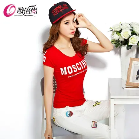 歌倍尚2024新款夏季上衣短袖t恤女字母修身显瘦圆领棉t紧身打底衫商品大图