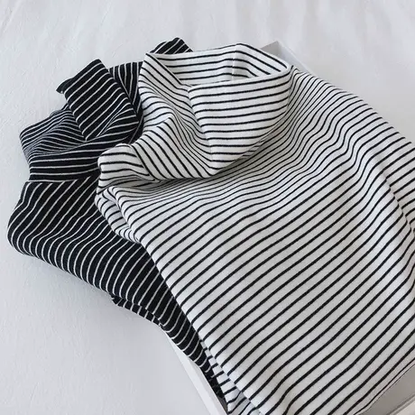 双面德绒高领打底衫女内搭秋冬修身显瘦长袖T恤条纹加绒保暖上衣图片