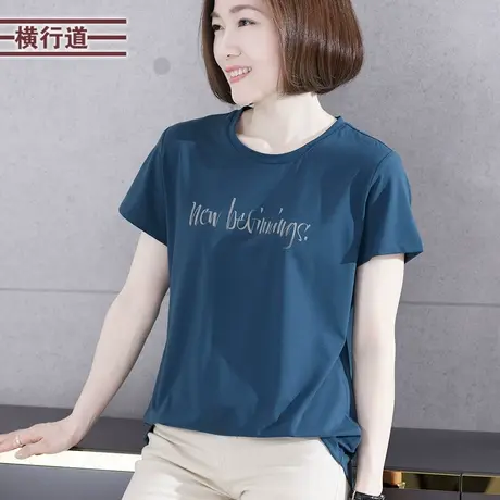 圆领黑色字母短袖t恤中年妈妈胖MM上衣女士2024新款夏装大码半袖商品大图