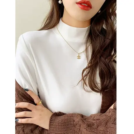 半高领德绒打底衫女士2024秋冬新款纯色简约修身加厚保暖长袖T恤商品大图
