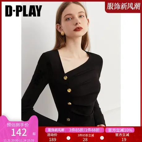 DPLAY秋装装新款设计感捏褶修身复古显瘦小衫气质简约短款上衣商品大图