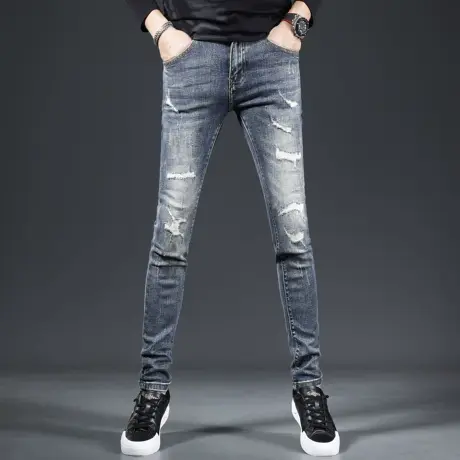 蓝色破洞牛仔裤男2023新款秋季潮牌修身小脚男士弹力补丁潮流裤子商品大图