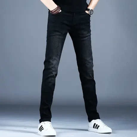 黑色牛仔裤男款印花裤子潮流男士美式高街新款秋冬季小脚修身男裤商品大图