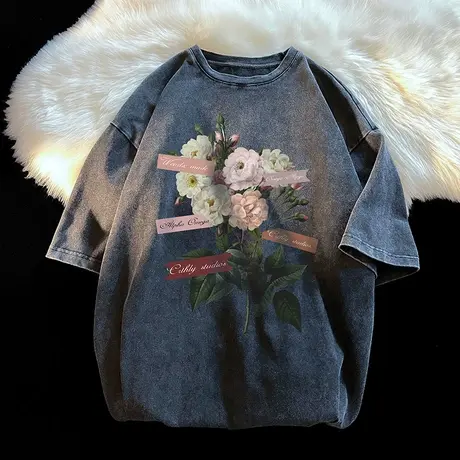 美式宽松短袖T恤男士重磅水洗做旧夏季欧美潮牌ins复古设计感半袖商品大图