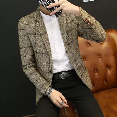 春秋新款格子青年男士单西上衣休闲小西装修身韩版西服男潮流外套商品大图