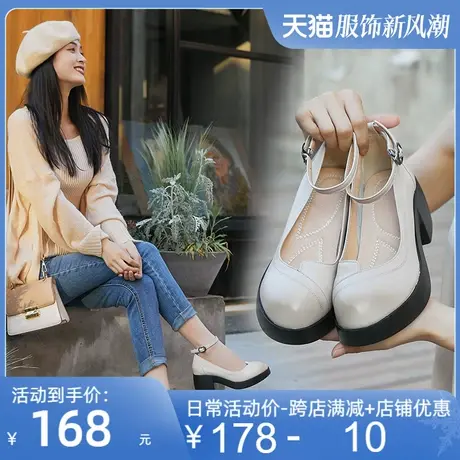 2025春季新款真皮粗跟复古单鞋女中跟圆头浅口小皮鞋工作厚底女鞋图片