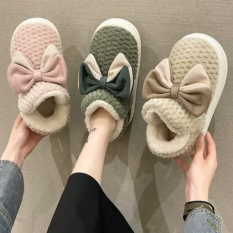 2024冬季新款可爱蝴蝶结棉拖鞋女士室内居家毛绒保暖厚底包跟棉鞋商品大图