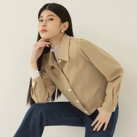 桔熊秋冬季休闲翻领泡泡袖衬衫修身短款上衣女胖妹妹大码AB19187商品大图