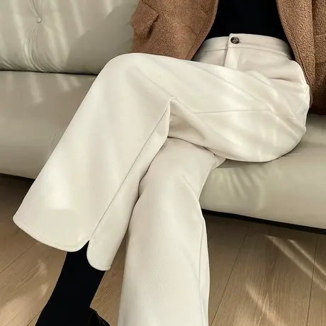 杏色毛呢阔腿裤女2024新款秋冬九分加绒加厚高腰保暖直筒休闲裤子图片