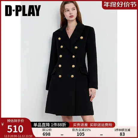DPLAY冬通勤翻驳领黑色双排立体浮雕扣含羊毛毛呢大衣女图片