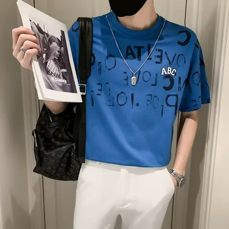 夏季男士t恤男装短袖半袖宽松潮流潮牌时尚休闲网红字母印花体恤商品大图