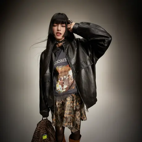 街头复古黑色PU皮外套女春秋2024新款潮牌立领夹克情侣宽松皮上衣商品大图