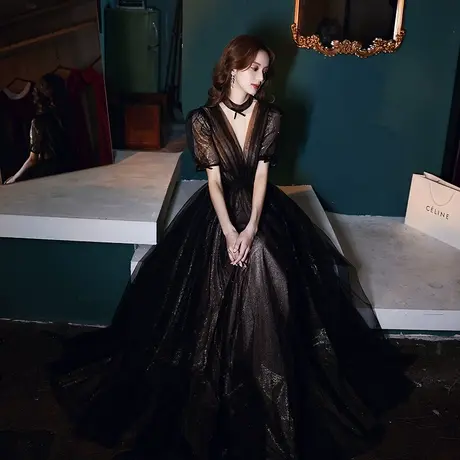 高端晚礼服裙女2023新款爆款高级名媛宴会优雅长款黑色气质主持人商品大图