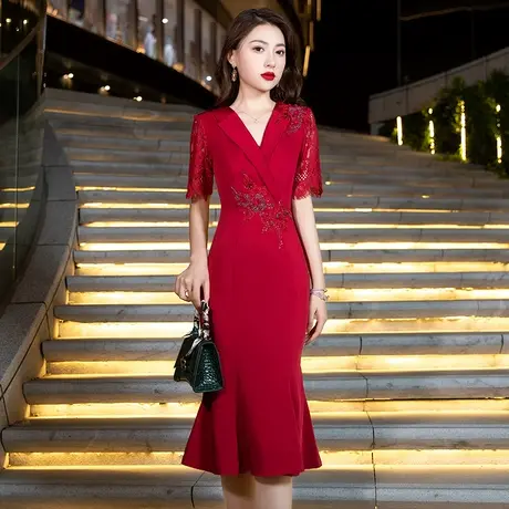 晚礼服女2024新款高级鱼尾宴会酒红色婚宴妈妈婆婆连衣裙平时可穿商品大图