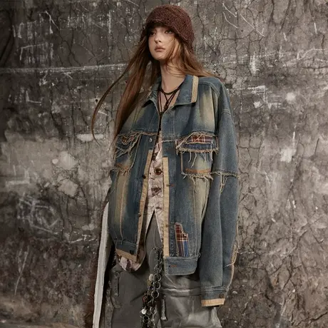 设计感做旧拼接牛仔外套女2024春季新款复古情侣夹克宽松小众上衣图片