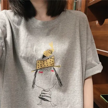 复古chic港味纯棉短袖正肩t恤女ins潮春夏oversize设计感宽松上衣图片