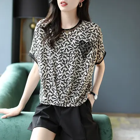 宝诗黎蝙蝠短袖夏季宽松短款雪纺衫女2023年薄款印花减龄新款上衣商品大图