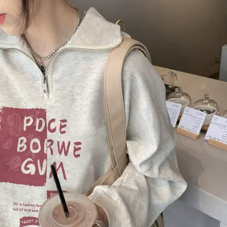 翻领卫衣女2024新款春秋薄款美式复古宽松慵懒风港味chic上衣外套图片