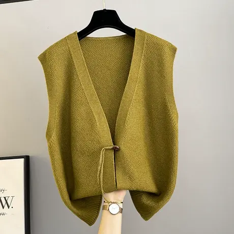 复古文艺V领针织马甲背心女士春秋外搭叠穿毛衣坎肩气质宽松无袖图片