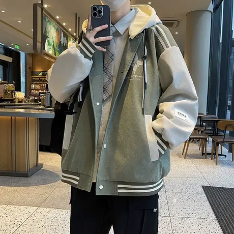 可拆卸帽外套男春秋款潮牌宽松休闲夹克连帽帅气青少年棒球服上衣图片