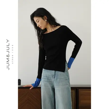 嘉茱莉2024春季新款修身针织上衣女针织T恤长袖内搭打底衫侧开叉图片