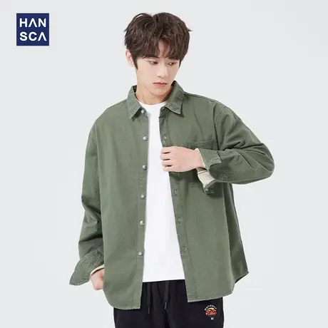汉斯卡长袖衬衫男2022春季新款宽松百搭翻领夹克潮流休闲帅气外套商品大图