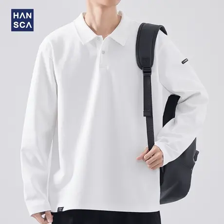 hansca 重磅Polo衫长袖t恤男春季潮牌纯色翻领青少年宽松休闲上衣商品大图