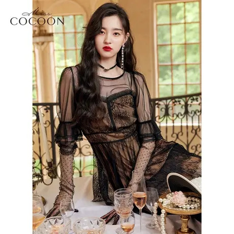 missCOCOON法式黑色网纱连衣裙女夏2022新款设计感吊带裙子两件套商品大图