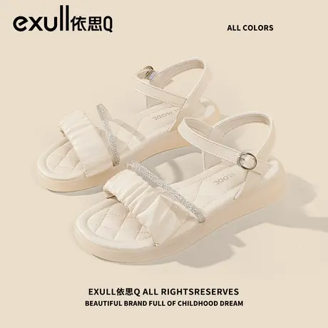 依思q一字带凉鞋女款2024夏季新款仙女风水钻网纱软底海边沙滩鞋商品大图