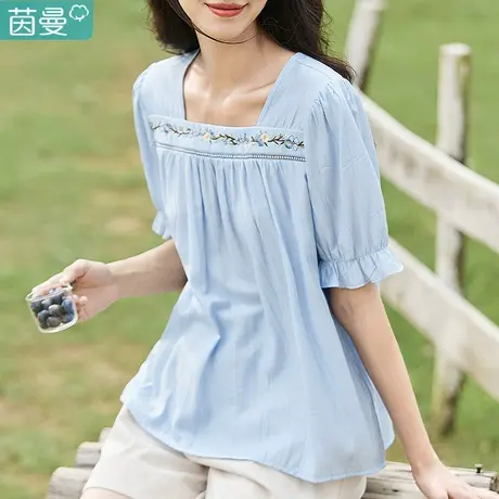 茵曼旗舰店官方官网设计感镂空衬衣2024女装新款方领夏季上衣衬衫图片