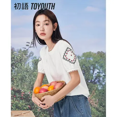 TOYOUTH初语纯棉T恤女2023夏季新款刺绣小玫瑰宽松显瘦花边袖上衣商品大图