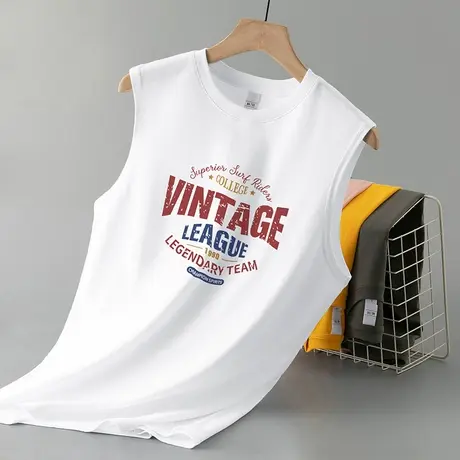 纯棉背心男士夏季外穿运动篮球坎肩跨栏潮流健身全棉白色无袖t恤商品大图