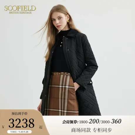 Scofield女装英式菱格纹中长款棉服气质外套2023秋冬新款商品大图