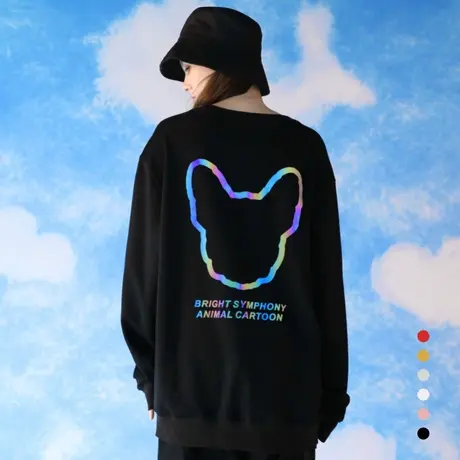 卫衣女2023秋冬新款长袖炸街反光黑色上衣圆领慵懒ins潮班服定制图片