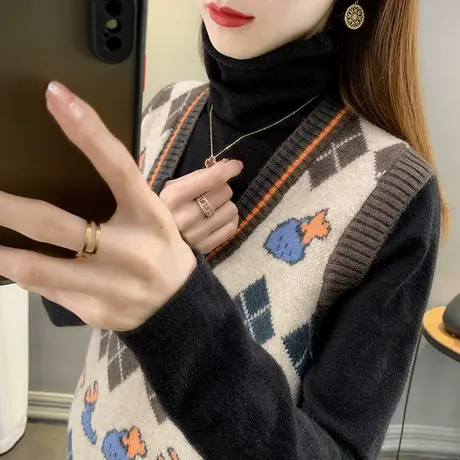 秋季2023新款女装马甲背心洋气外穿V领宽松提花菱格针织外套毛衣商品大图