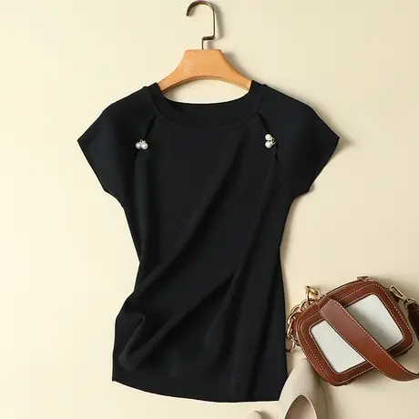 冰丝针织衫女2023夏季韩版薄款套头宽松气质钉珠短袖T恤女上衣潮商品大图