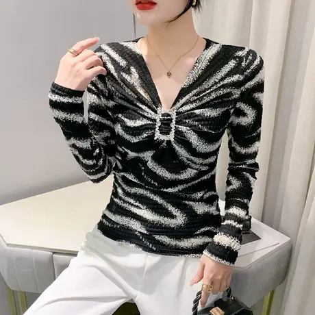 欧货斑马纹网纱打底衫女长袖早秋2023新款性感V领T恤修身显瘦上衣商品大图