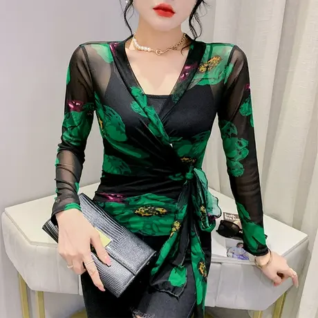 气质网纱披肩女长袖薄款系带防晒开衫收腰冰丝上衣洋气外搭罩衫女图片